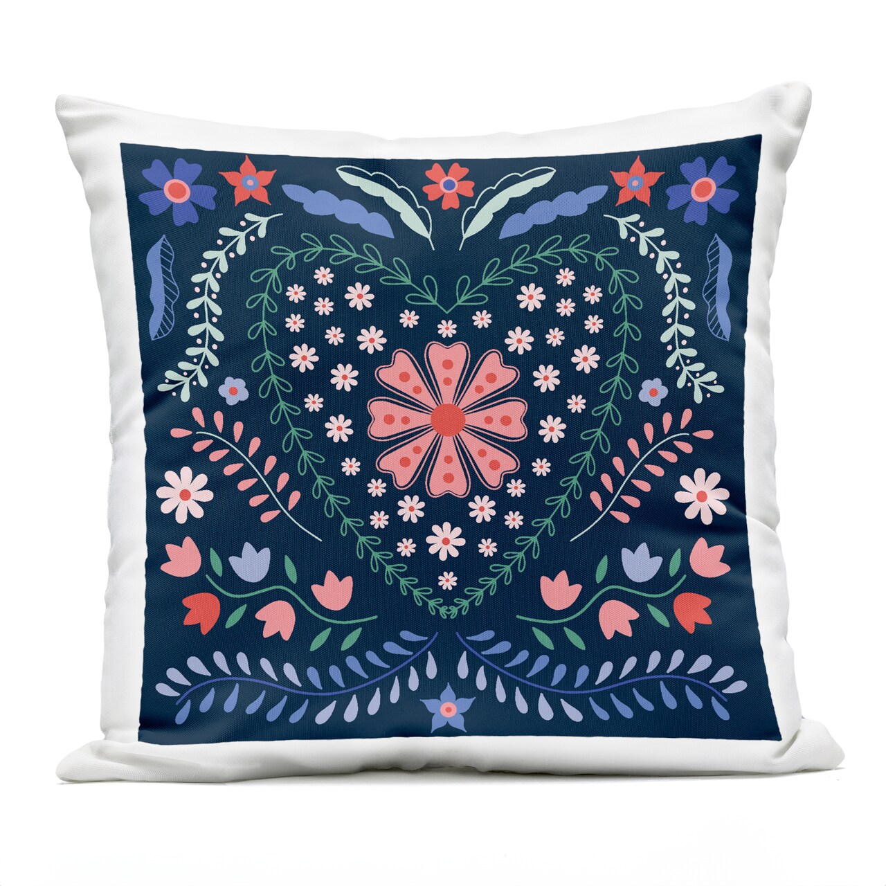 Stupell Industries Folk Flowers in Heart Pattern Outdoor Printed Pillow design by Sazerelli Designs, 18 x 7 x 18